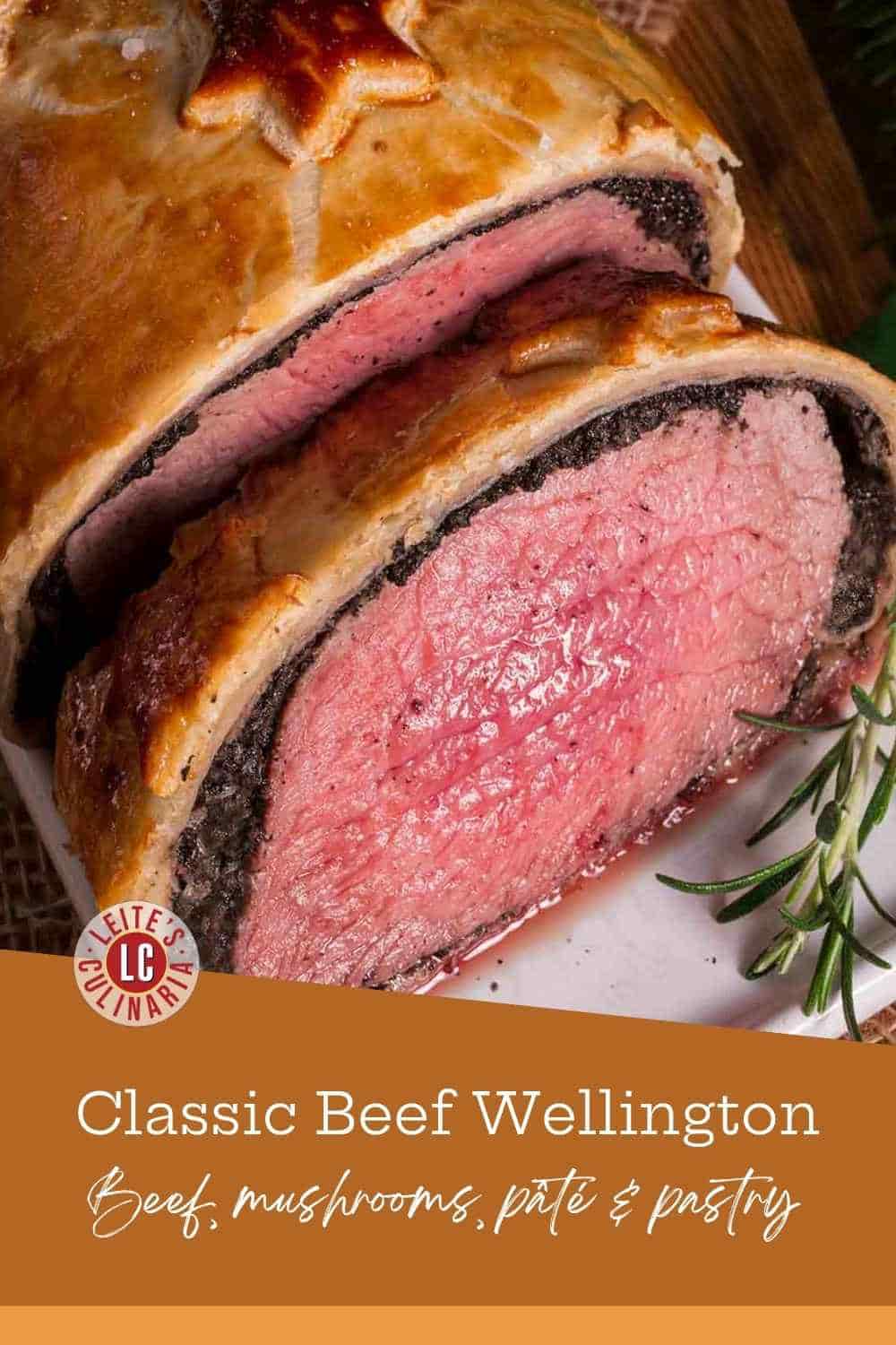 Medium-rare beef fillet coated in pâté and mushroom duxelles, being carefully wrapped in golden puff pastry dough.