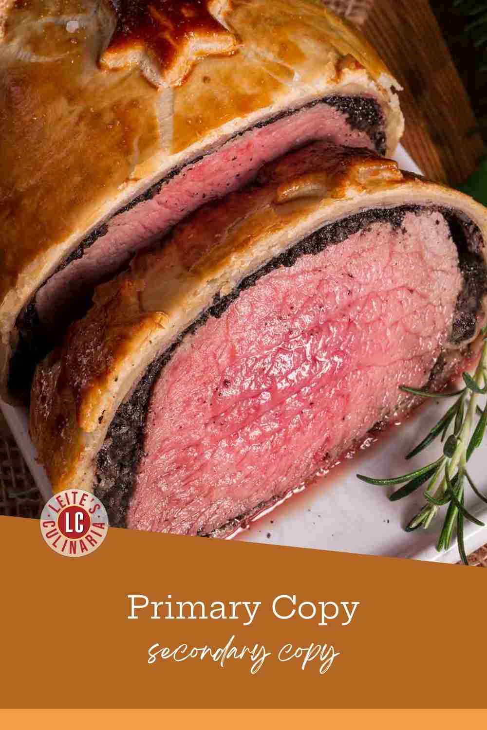 Medium-rare beef fillet coated in pâté and mushroom duxelles, being carefully wrapped in golden puff pastry dough.