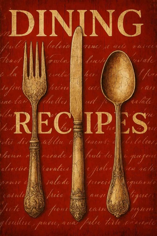 Vintage-style artwork featuring a fork, knife, and spoon against a red background with "DINING" and "RECIPES" text.