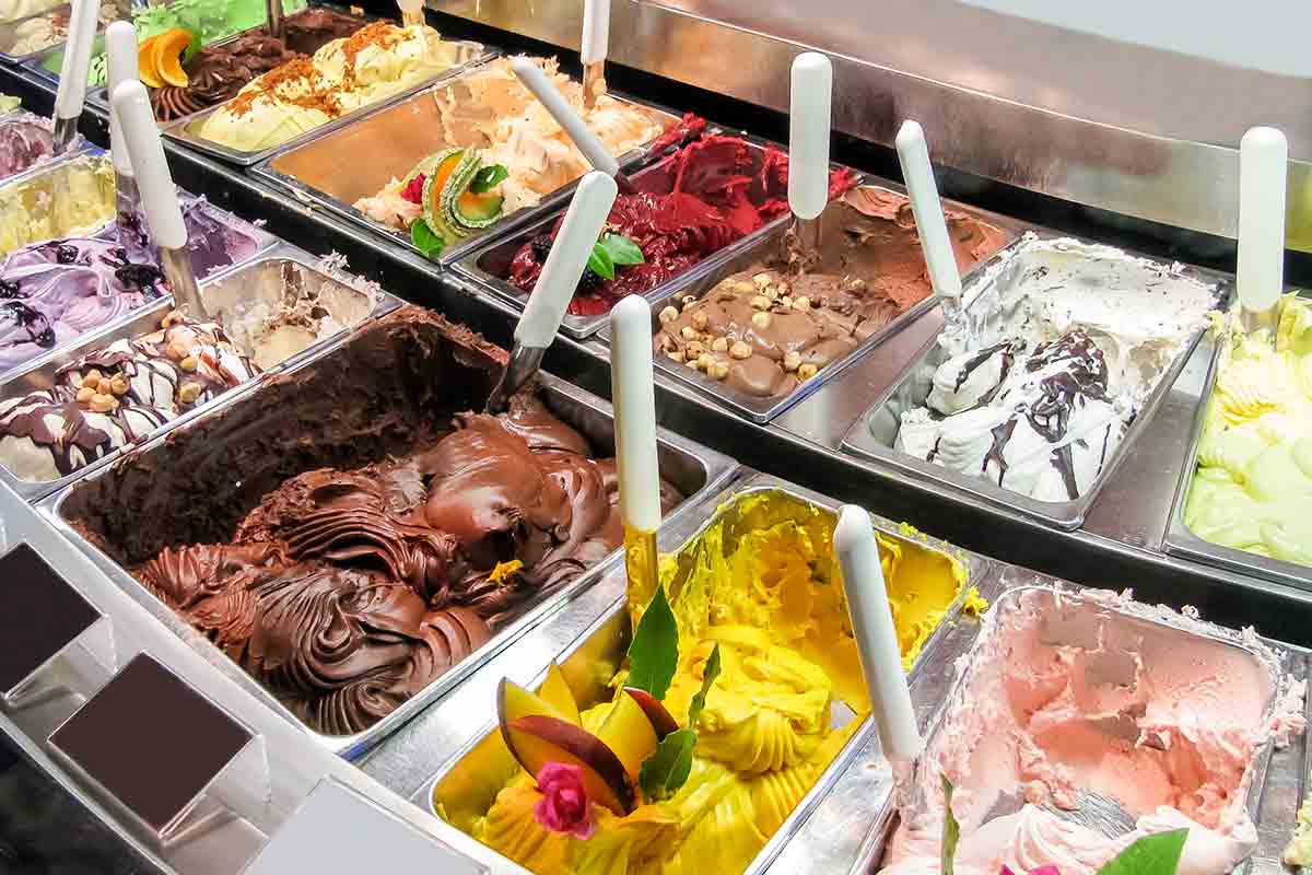 A selection of gelato in a gelateria in Italy