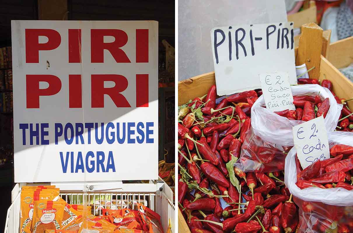 Portuguese piri-piri peppers in a wooden crate, and a sign that reads, "Piri Piri, the Portuguese Viagra."