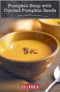 A bowl of pumpkin soup with curried pumpkin seeds on top