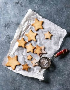 Star-shaped cookies on a piece of parchment paper.