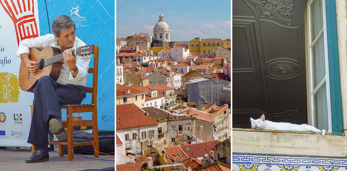Three images--a male fado singer, the view of Lisbon roofs, a sleeping cat in a window