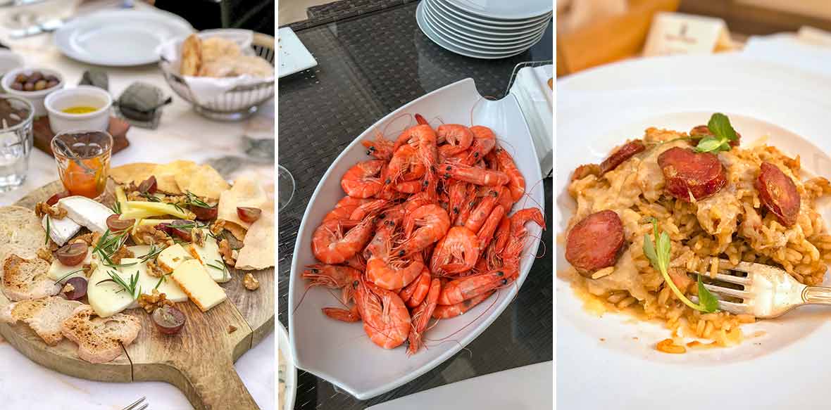 Three images--Portuguese cheeses, steamed shrimp in shells, chouriço risotto 