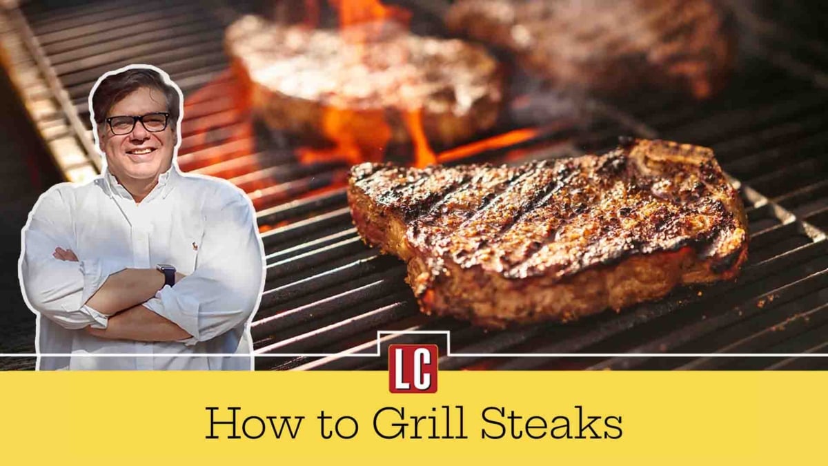 Thumbnail for how to grill steaks, with a grill and flaming steaks.