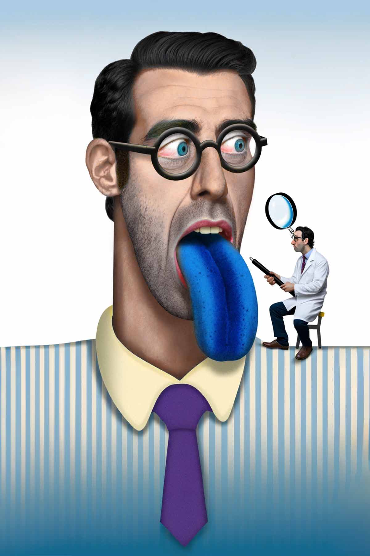 An illustration of a man sticking out his tongue, which is blue. A tiny doctor is examining it.