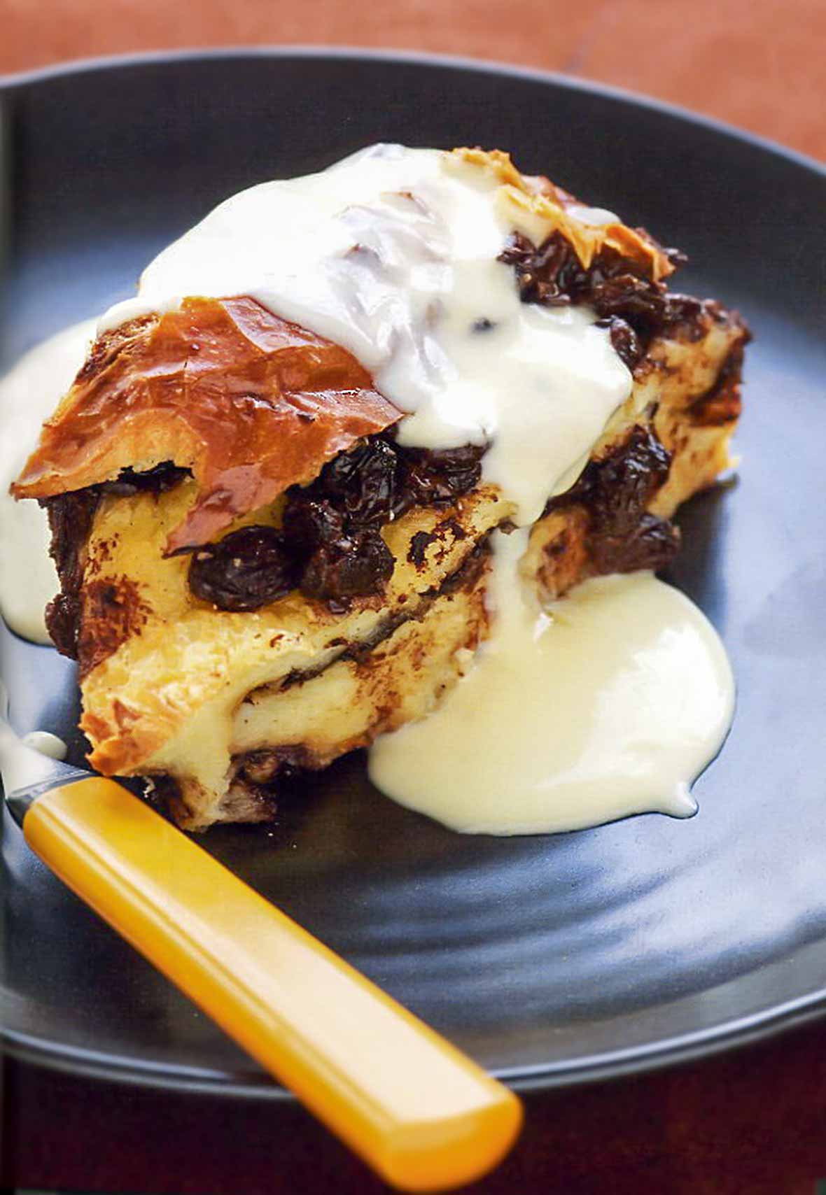Challah Pudding with Chocolate, Raisins, and Vanilla Cream
