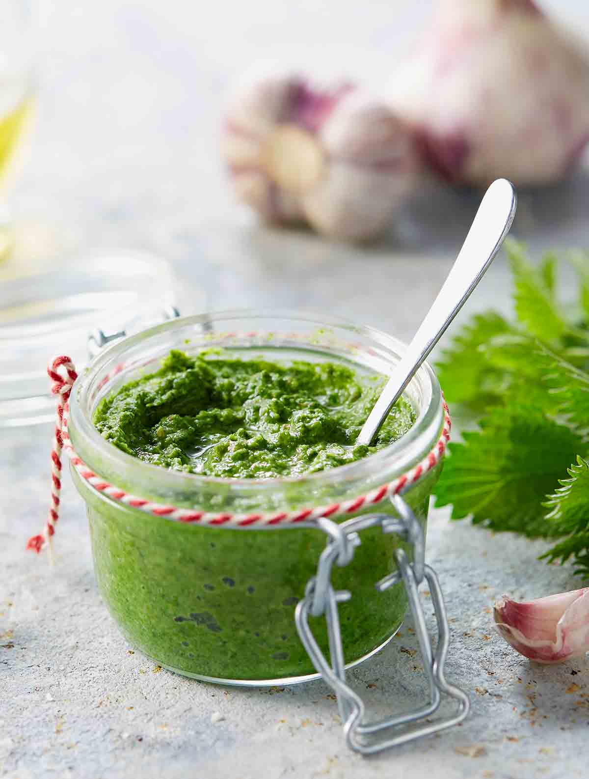 A small Mason jar of green nettle pesto with garlic cloves and nettle leaves nearby.