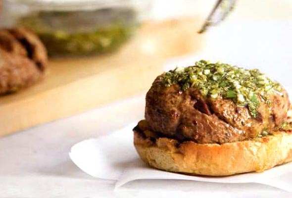 Olive-Lamb Burger with Mint Gremolata