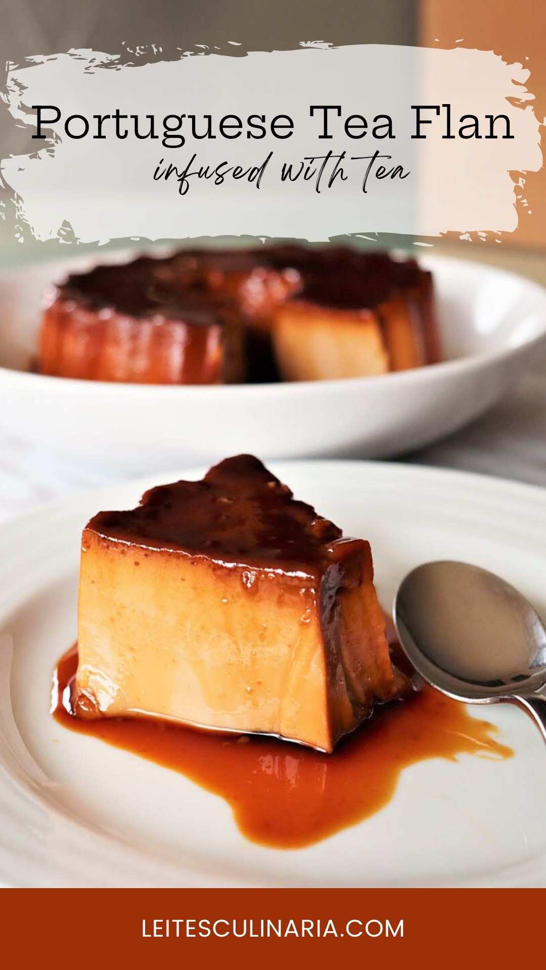 A piece of Portuguese tea flan on a white plate, drizzled with caramel sauce.