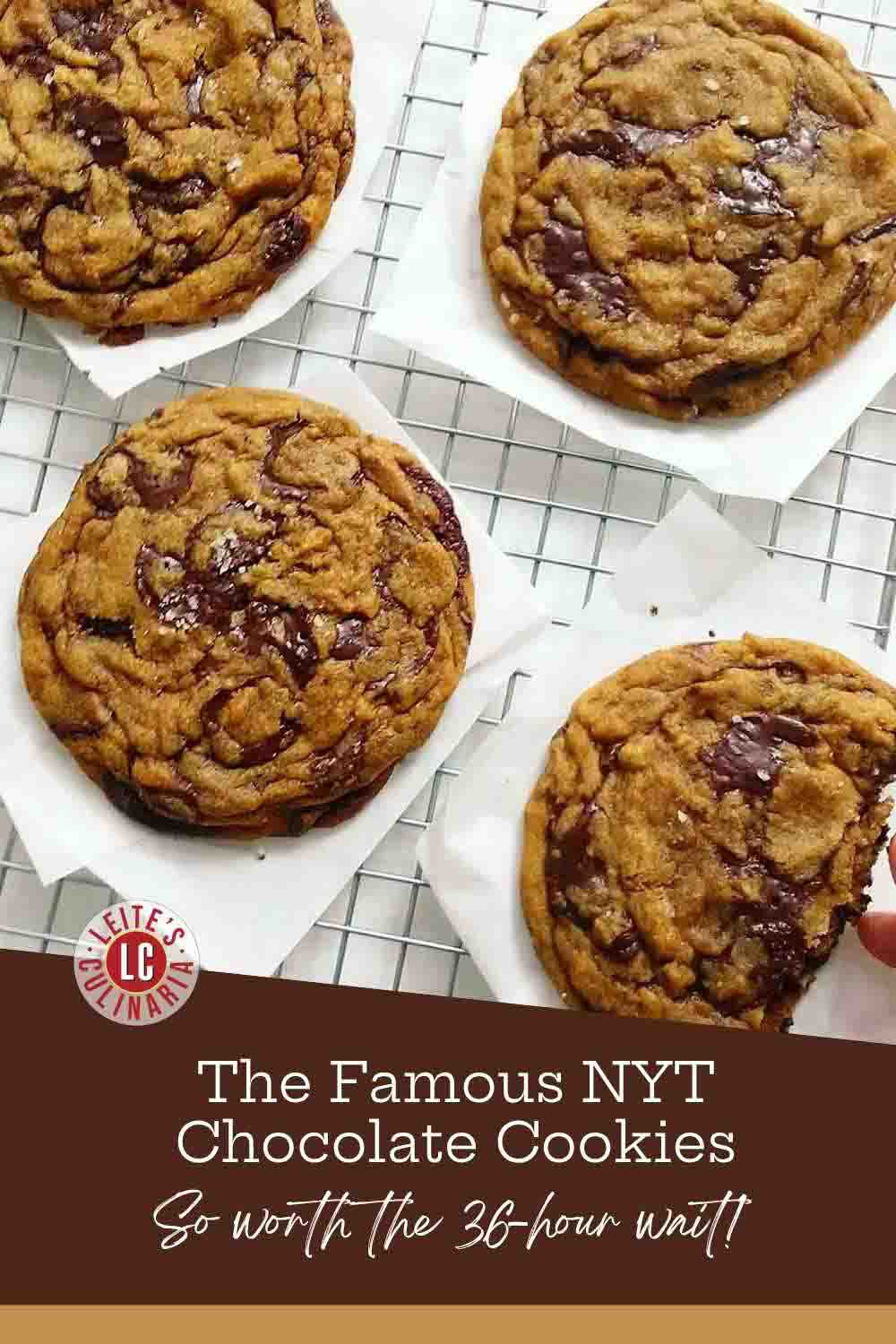 Golden-brown chocolate chip cookies with melty bittersweet chocolate discs and flaky sea salt resting on a wire cooling rack.