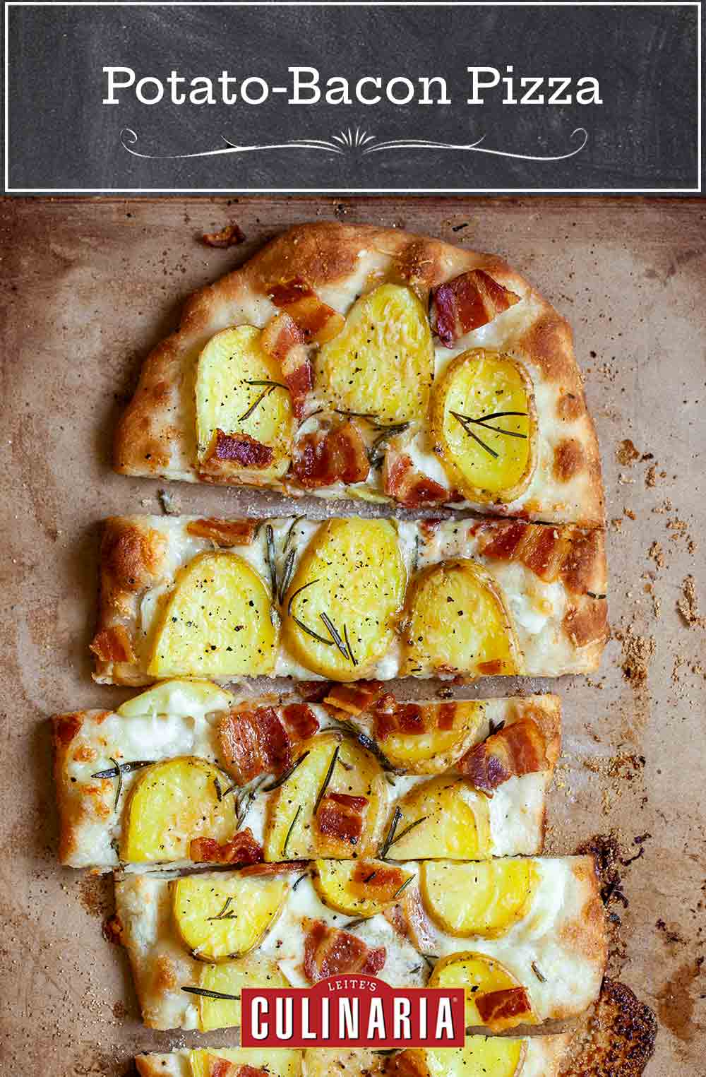 A sliced oval-shaped potato bacon pizza.