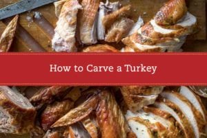 A carved turkey on a cutting board with a label reading 'How to Carve a Turkey' overlaid on the image.