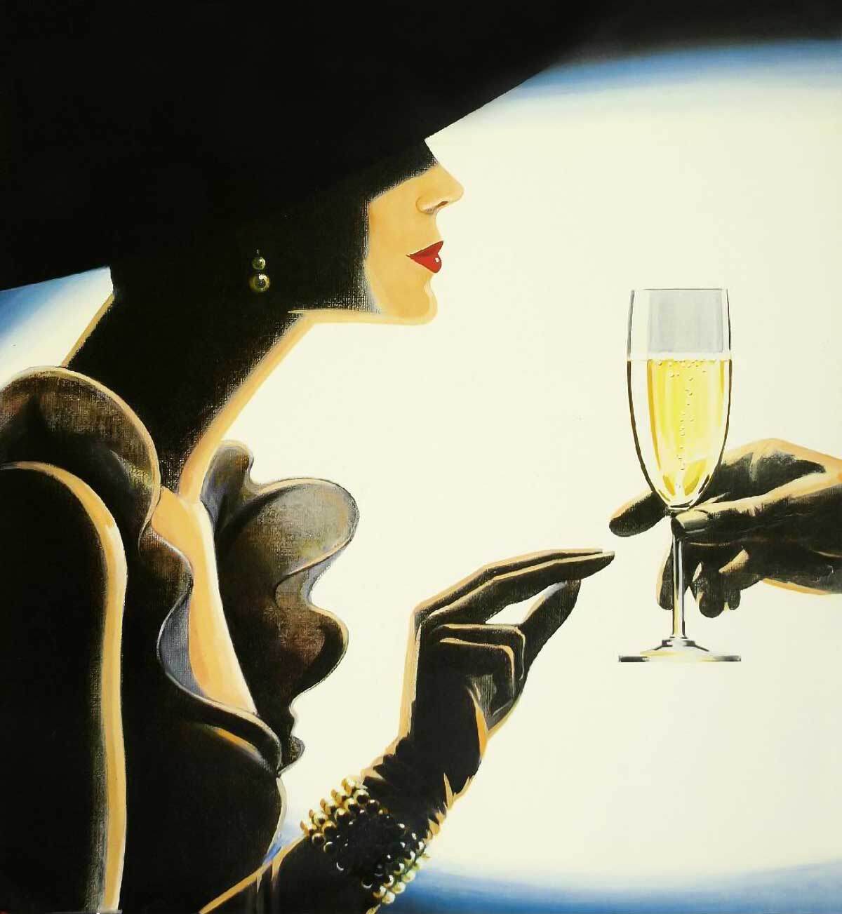 Champagne for Valentine's Day poster of elegant woman in hat reaching for a glass of bubbly.