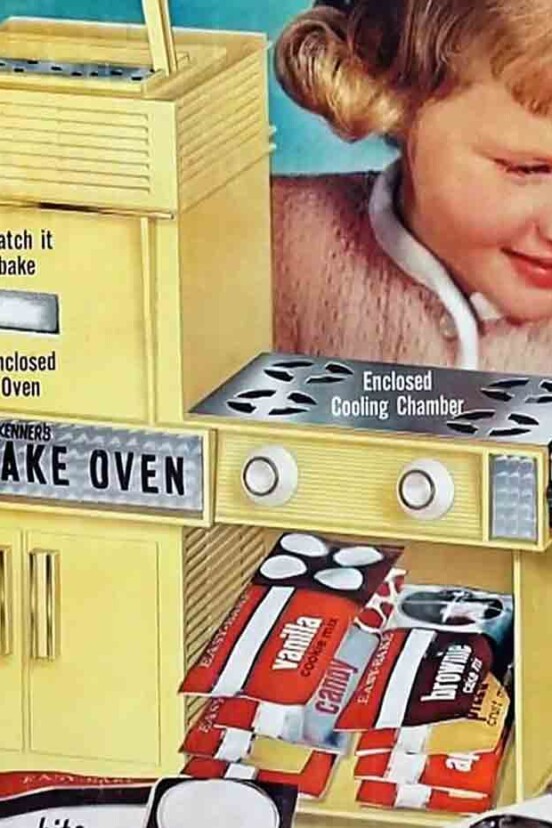 An ad for the vintage yellow Easy-Bake Oven with a girl pulling out a chocolate cake.