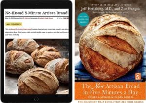 An ipad with an artisan bread recipe and a artisan bread cookbook side by side in the debate of computers or cookbooks.