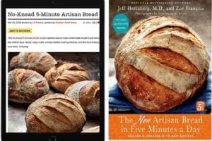 An ipad with an artisan bread recipe and a artisan bread cookbook side by side in the debate of computers or cookbooks.