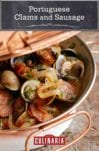 A cataplana with slices of spicy chouriço sausage and sweet clams in a tomato-onion broth.