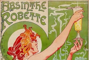 Vintage drawing of a woman holding up a glass of absinthe