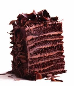 A 16-layer red-eye devil's food cake--alternating layer of chocolate cake and chocolate frosting.