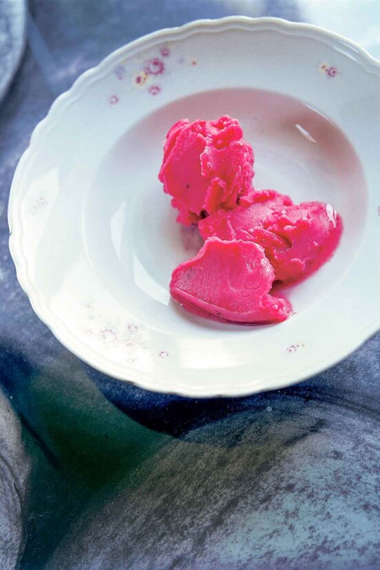 A few dollops of cranberry sorbet in a white porcelain bowl.