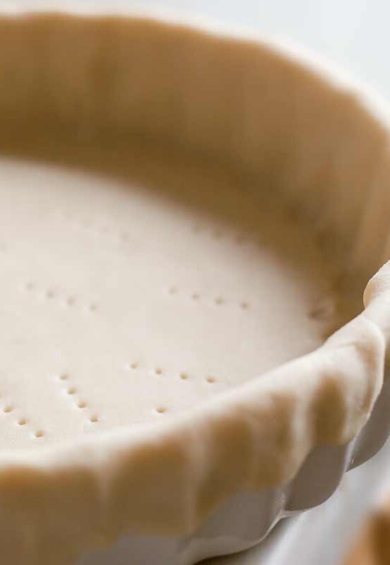 Perfect pie crust, pierced with holes, in a pie plate
