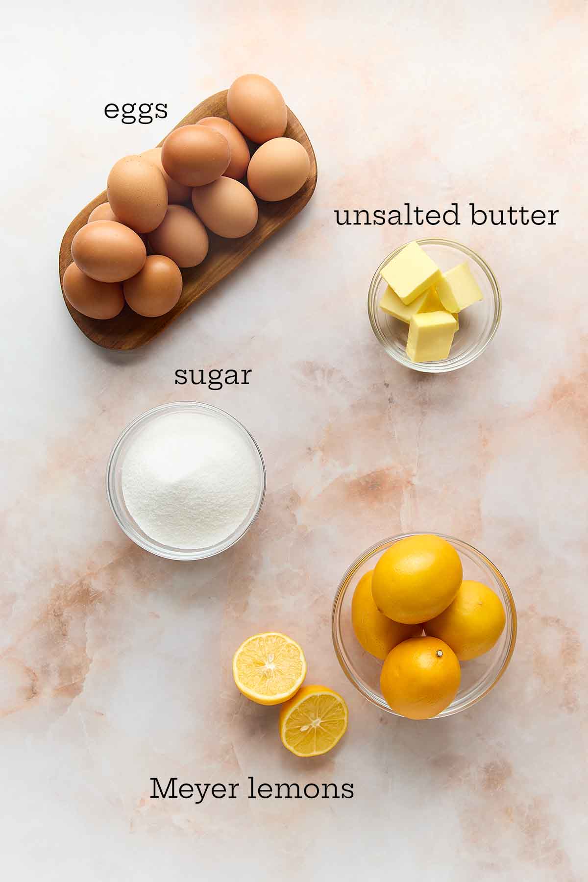 The ingredients for Meyer lemon curd: eggs, butter, sugar, and Meyer lemons