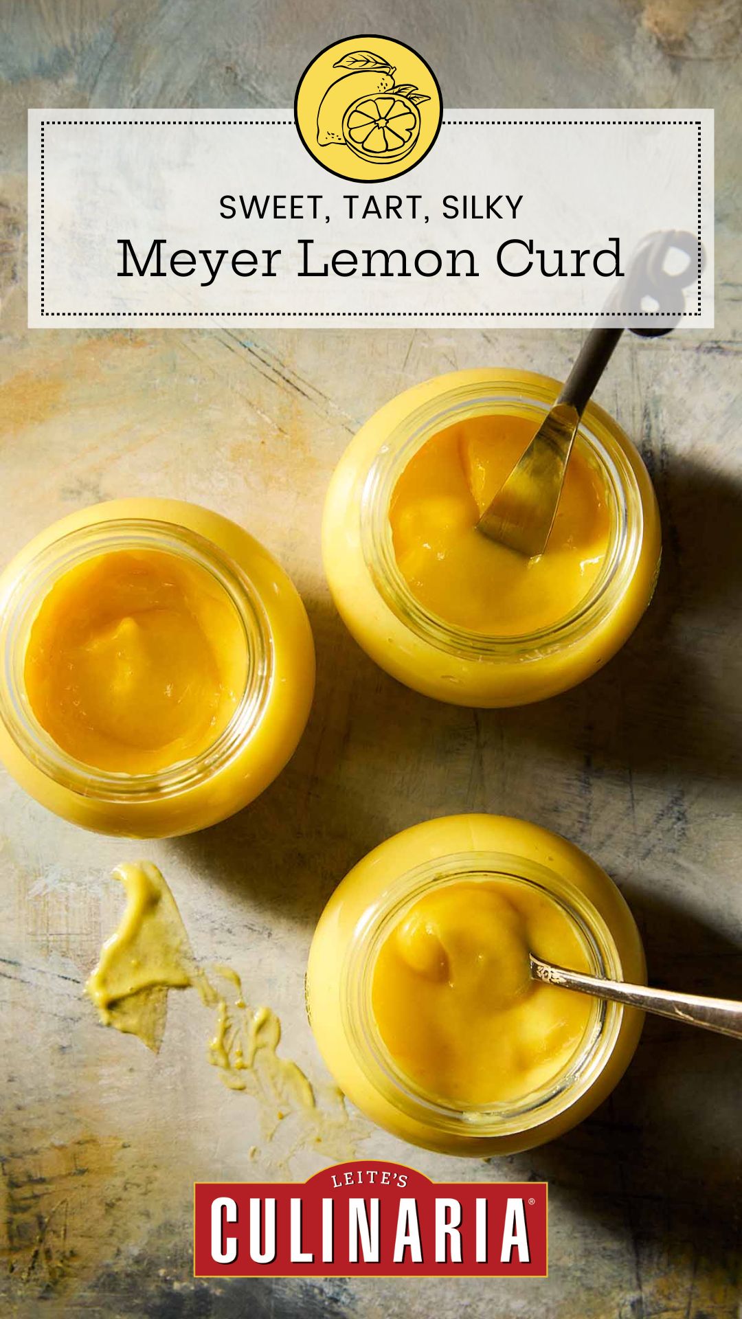 Three jars of homemade Meyer lemon curd, two with spoons in them.