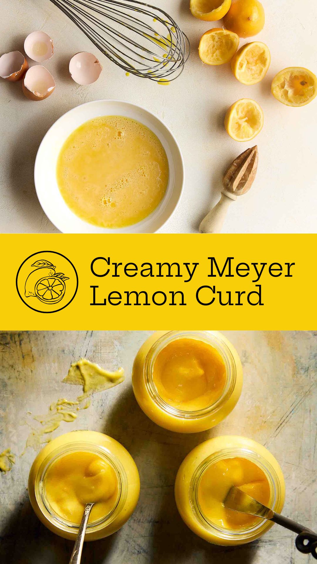 Three jars of homemade Meyer lemon curd, two with spoons in them.