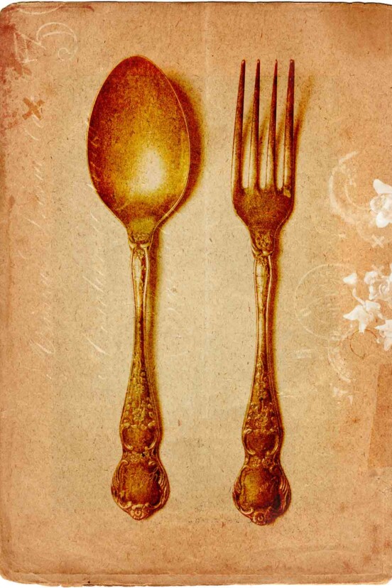 A sepia image of old silverware.