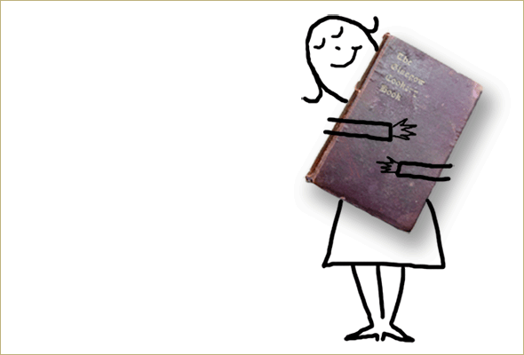 A hand drawn little girl holding a cookbook and hugging it while smiling.