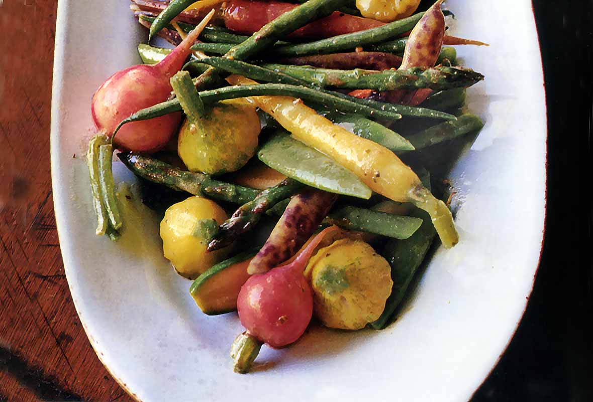 Radishes, carrots, squash, green bean in a jumble of pickled spring vegetables with mustard-seed vinaigrette.