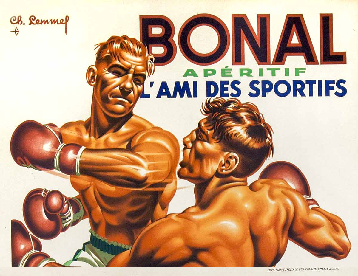 An illustration of two boxers with the caption of 'Bonal aperitif l'ami de sportifs'