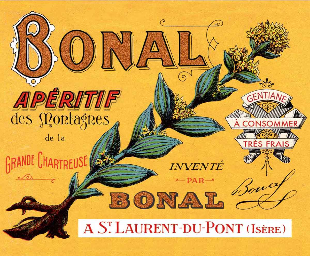 An advertisement for Bonal aperitif with an illustration of a wildflower.