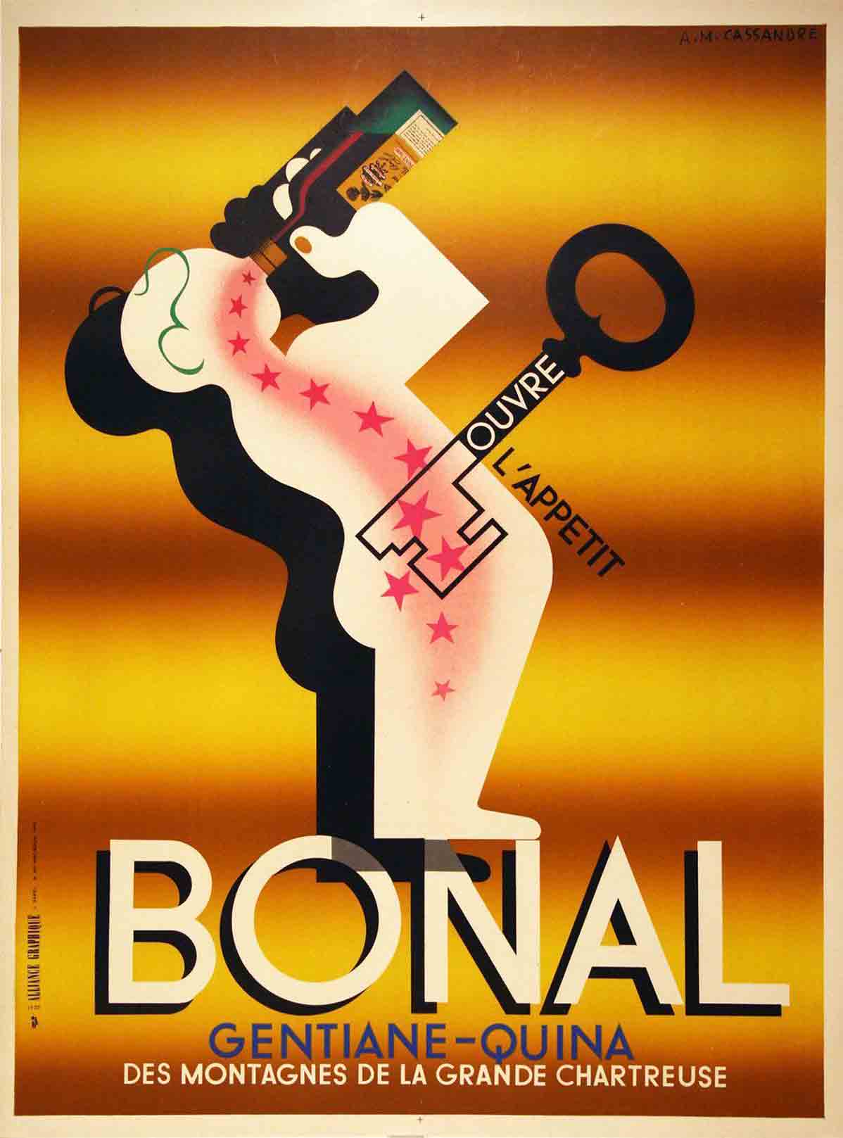 An illustration of a person drinking straight from a bottle of bonal unlocking the key to his appetite.