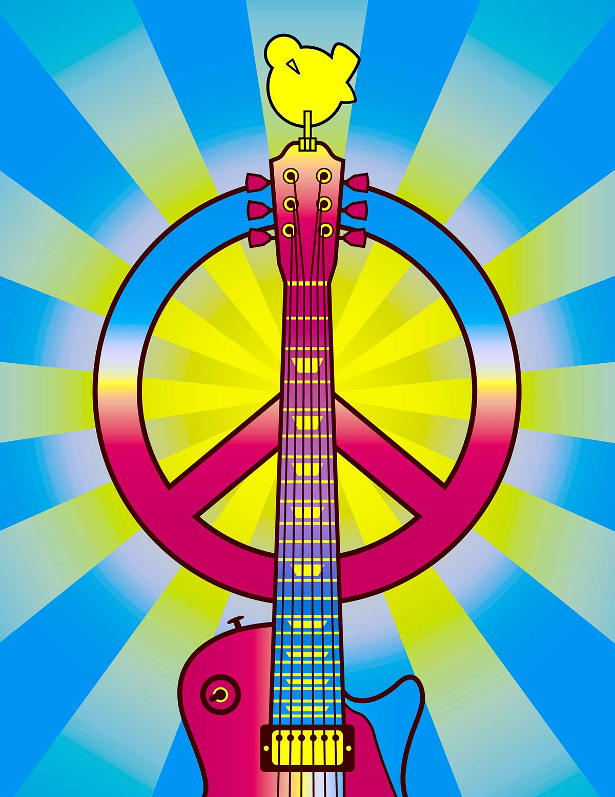 A Woodstock poster with a guitar, peace sign, and a dove