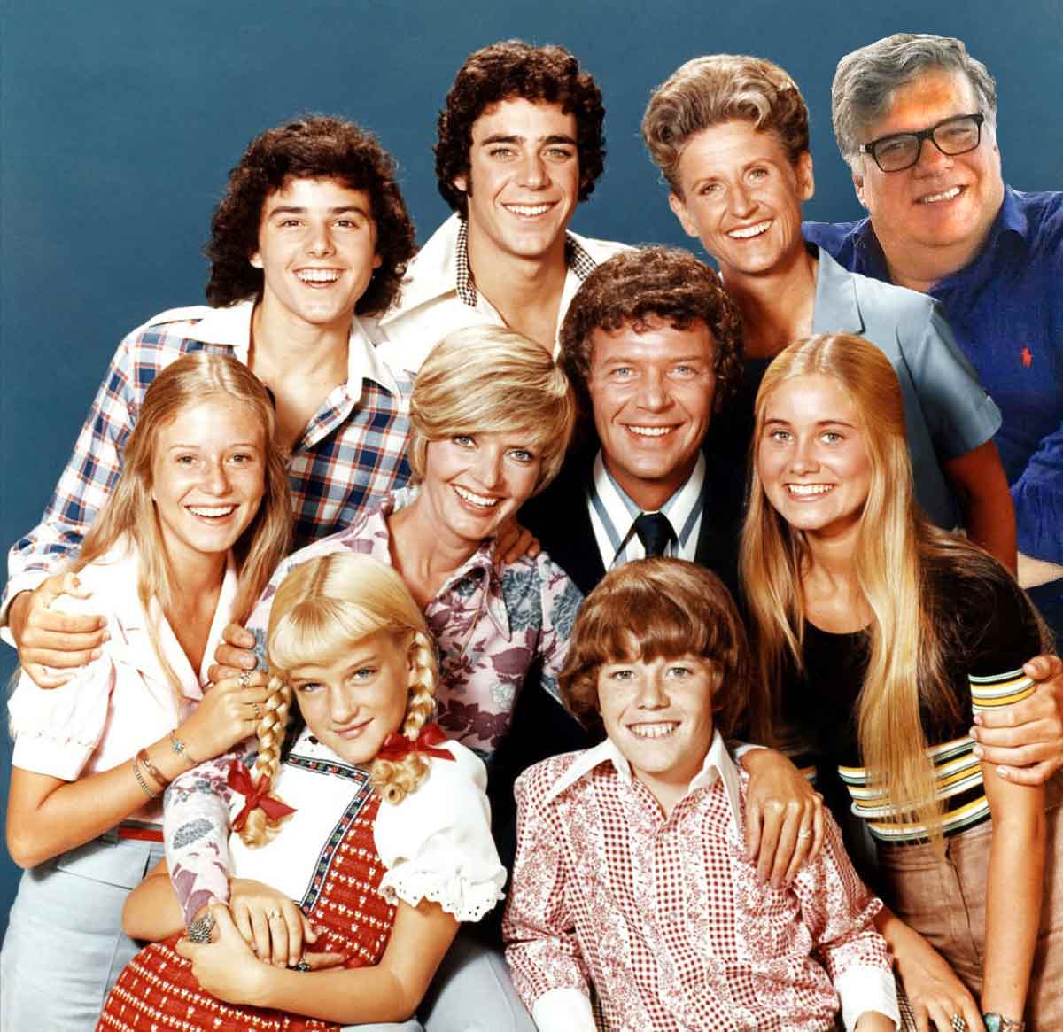 Color photo of the Brady Brunch family with David inserted on the right hand side.