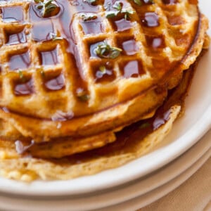 Cornmeal-Bacon Waffles with Thyme Infused Maple Syrup