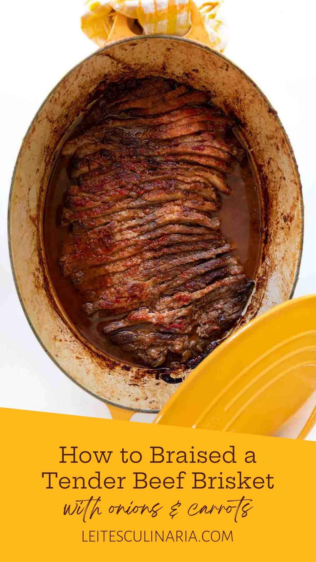 A yellow Le Creuset pot with Nach Waxman's sliced beef brisket inside.