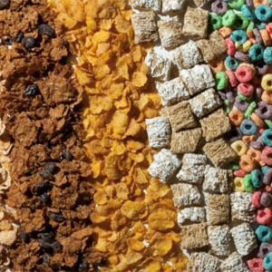 Mixed cereal in lines vertically down the photo.