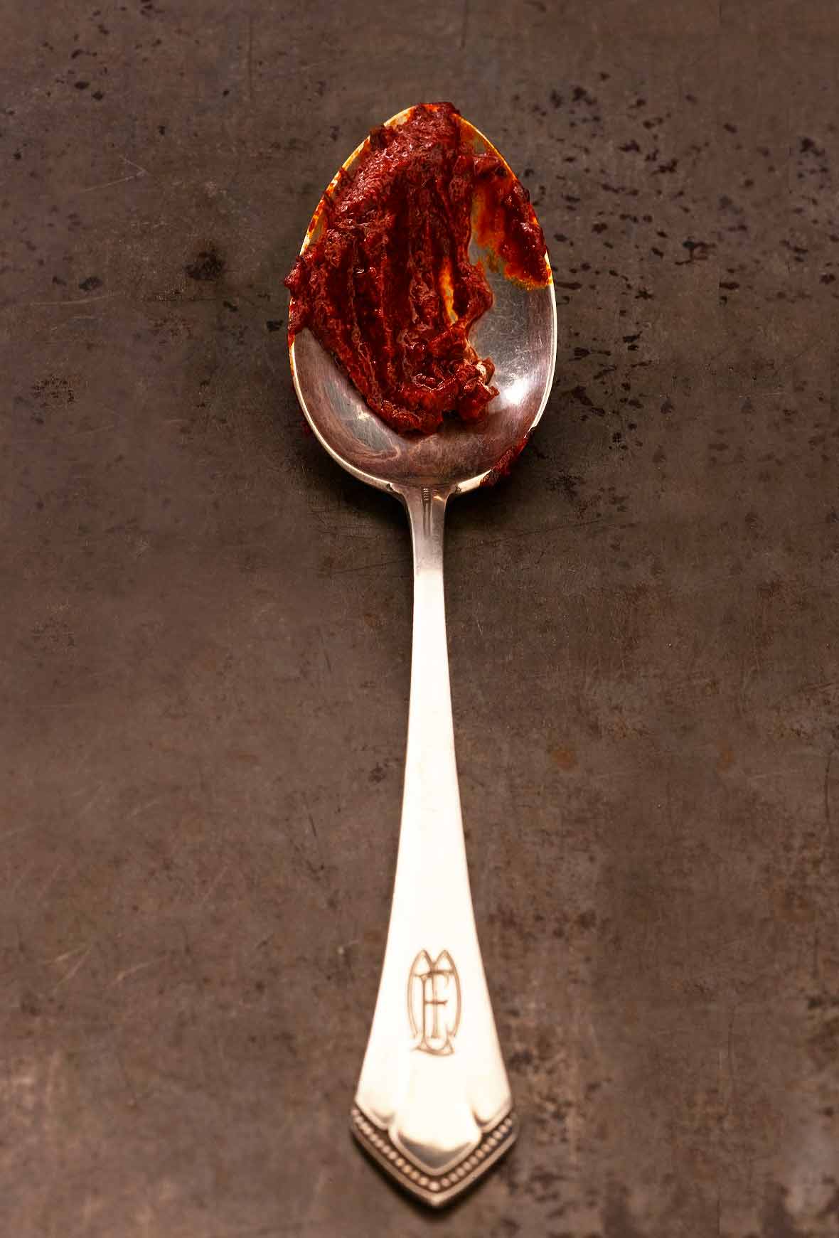 Silver spoon with a mound of Portuguese red pepper paste