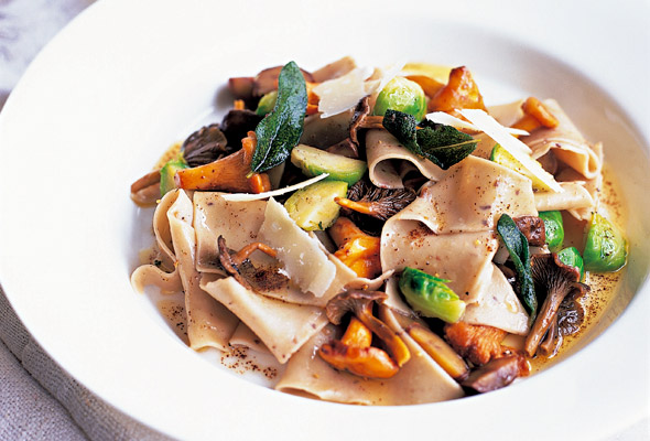 Pasta Rags with Wild Mushrooms and Brussels Sprouts