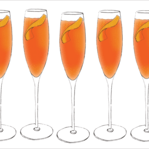 An illustration of seven Champagne flutes filled with Christmas cocktail and an orange twist.