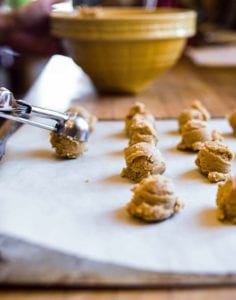 Rows of peanut butter sandies dough balls with a cookie scoop placing another dough ball on the surface.