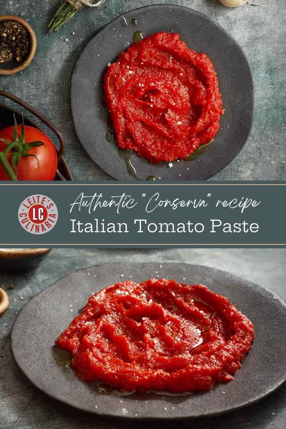 Two images of Italian tomato paste, also known as conserva, with a text overlay.