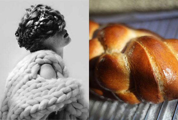 A woman wearing a shawl with huge braids that looks like the braided challah in the accompanying picture