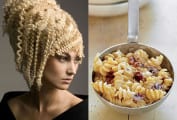 A woman with a hairstyle of tights squiggles and curls that looks like a ladle of squiggly, curly mac and cheese in the accompanying picture