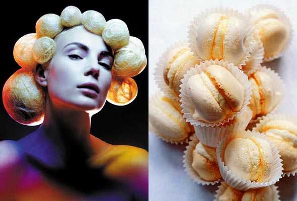 A woman with orbs in her hair alongside a photo of cream-filled macarons