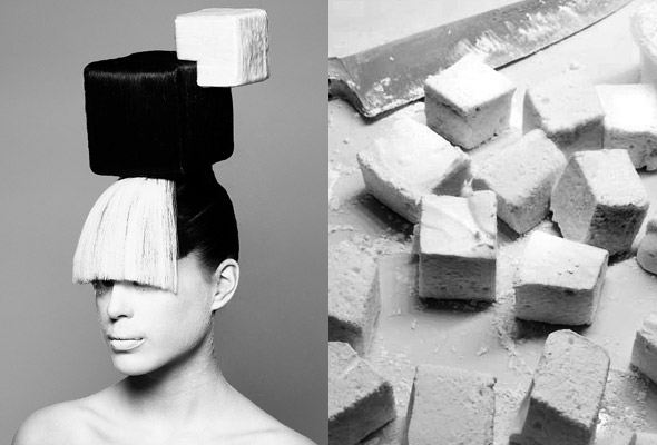 A woman wearing a hairstyle with black and white boxes in it that looks like white squares of homemade marshmallows in the accompanying picture